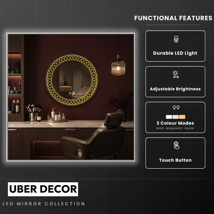 Mandala Round Frameless Front or Backlit Mirror with LED Lights- Touch Sensor Mirror for Bathroom and Bedroom