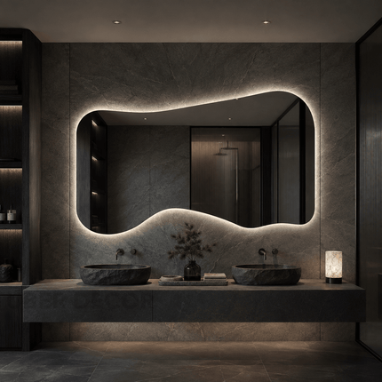 Nami Organic Wave Frameless LED Wall Mirror with Front or Back Lit for Bathroom Vanity and Contemporary Interiors
