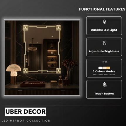 Decora Art Deco LED Mirror – Frameless Wall Hanging Mirror with Front or Back Lit for Vanity & Powder Room
