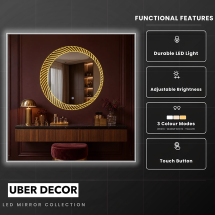 Sunburst Round Frameless Front or Backlit LED Mirror- Touch Sensor Mirror for Bathroom and Bedroom