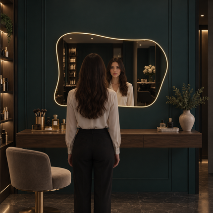 Riva Wide Curve Frameless LED Vanity Mirror Available in Front or Back Lit for Double Vanity and Modern Interiors
