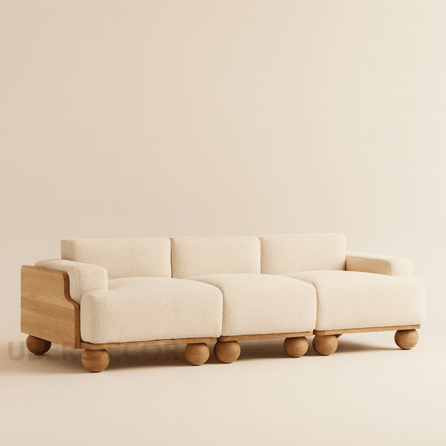 Medford 3-Seater Sculptural Sofa Modern Wooden Base Couch with Oversized Sphere Legs