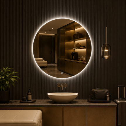 Shinelis round circle design led mirror front or back lit touch button frameless bathroom vanity mirror