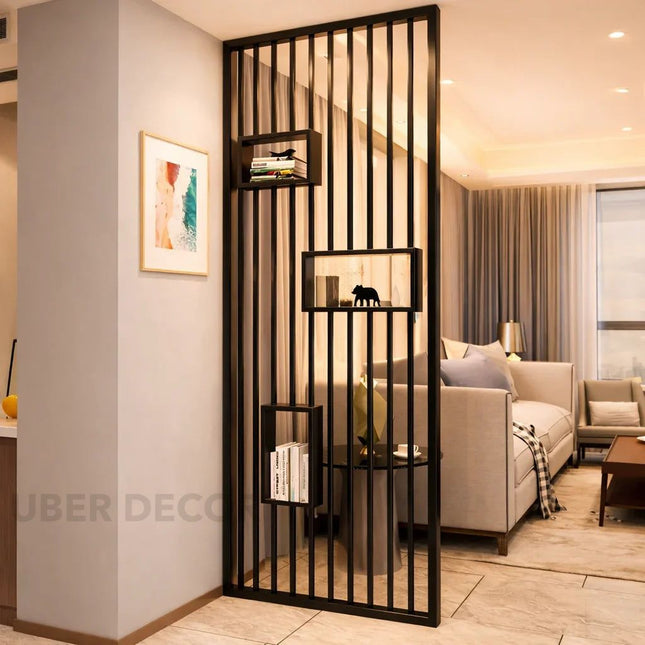 AMAYA Stainless Steel Vertical Slat Room Divider Room Partition With Display Shelves For Living Room Dining Area And Study Room