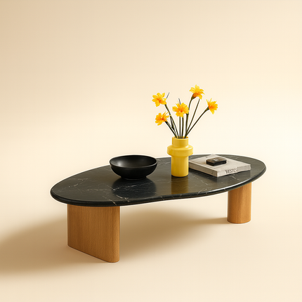 Tangon Functional Mid Century Modern Japandi Coffee Table Scandinavian Organic Freeform Marble Top Wooden Block Legs Center Table for Living Room