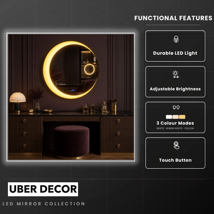 Kaelis Glow Round Mirror Front or Backlit with LED Lights- Touch Sensor Mirror for Bathroom and Bedroom