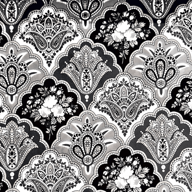 Istanbel Martar - Vintage Monochrome Tapestry Printed Suede Upholstery Fabric- Monochrome Royale Scallops