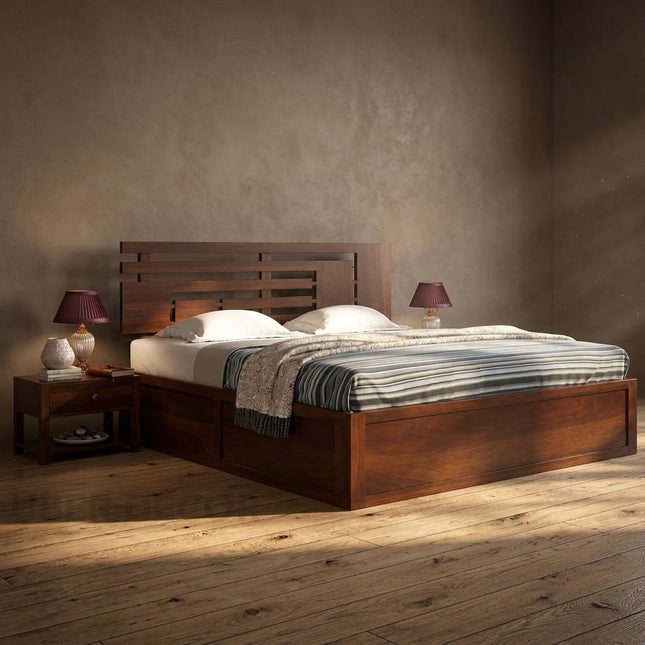 Woodline Storage Bed – Solid Wood Frame with Geometric Headboard