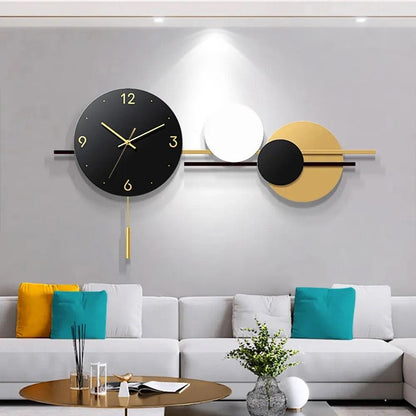 Aura Luxe Black White Gold Overlapping Circle Design Metal Wall Clock