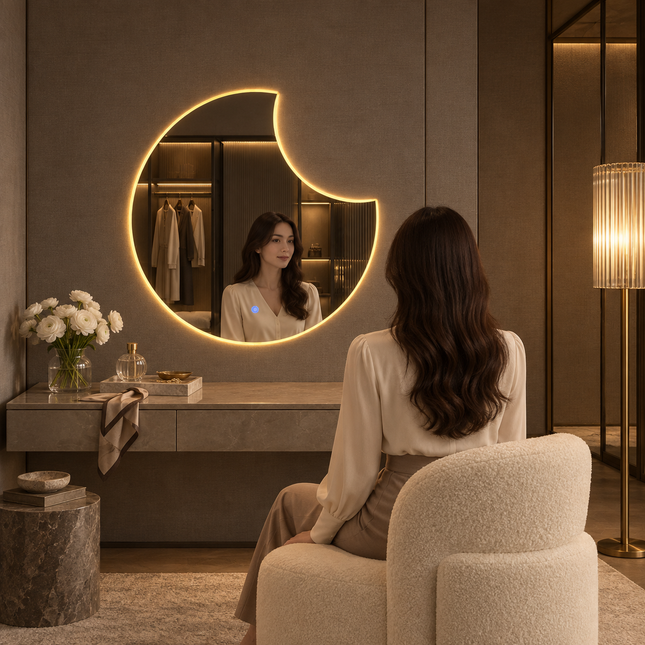Crescent Moon LED mirror- 3-colour Backlit or front-lit Touch Button LED Frameless Bathroom Vanity Mirror