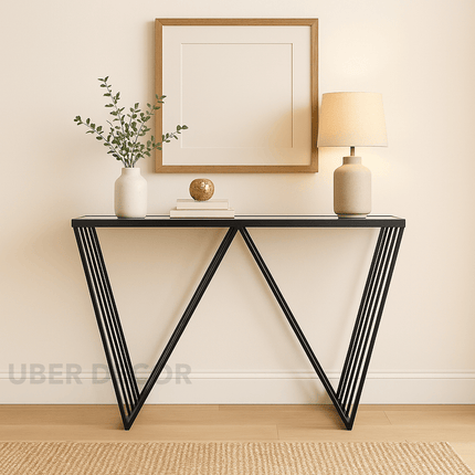Veyron Edge Console Table – Glass Top with Sculptural W Metal Base Modern Entryway Accent