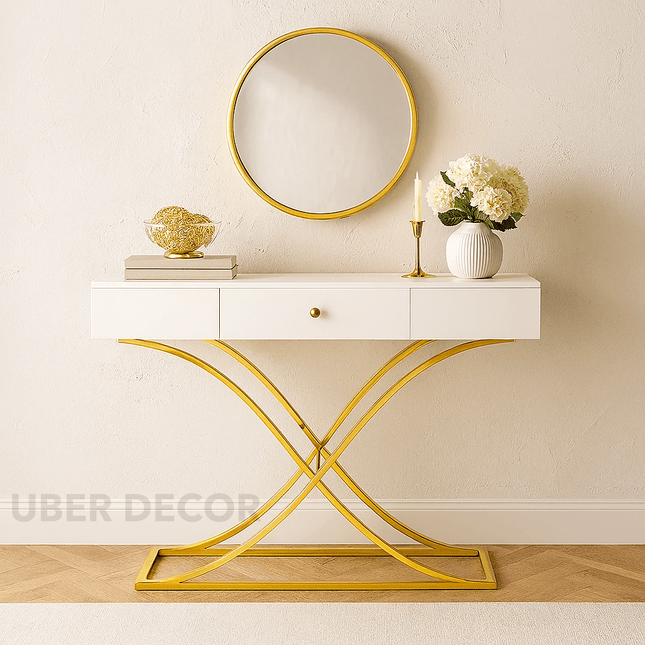 Domus Rise Display Table – White Drawer Top with Sculptural Gold Arch Base Mid‑Century Modern Accent