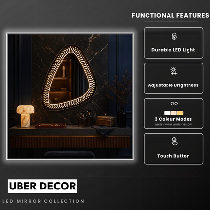 Trikon Geometric LED Mirror – Frameless Wall Hanging Mirror with Front or Back Lit for Vanity & Bathroom