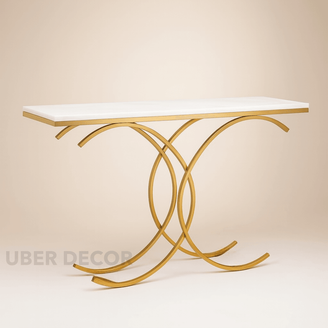 Orion Loop Display Table – Customizable Marble Top with Interlocking Gold Arch Base | Mid‑Century Modern Accent