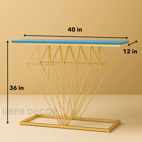 Auric Prism Display Table – Customizable Wooden Top with Sculptural Gold Geometric Base for Entryway & Hallway - Uber Decor