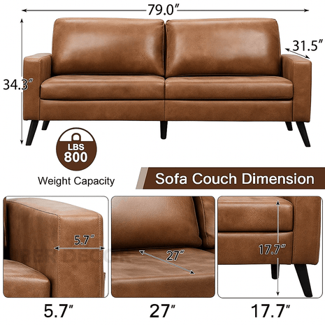 Paris 79" Sofa- Mid Century 2 Seater Leather Small Couch with Side Pockets- For Home or Office - Uber Decor