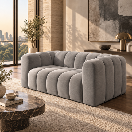 Mendoza Modern Channel-Tufted Sofa – Ready to Ship Grey Premium Suede Velvet Couch for Living Room