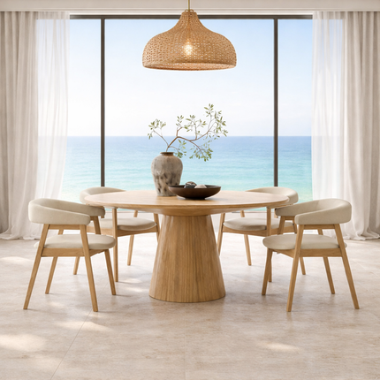 Crestara Round Solid Wood Dining Table Scandinavian Japandi Pedestal Base Minimalist Dining Table for Dining Room