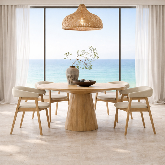 Crestara Round Solid Wood Dining Table Scandinavian Japandi Pedestal Base Minimalist Dining Table for Dining Room