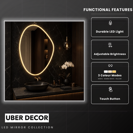 Celia Pebble-Shaped LED Mirror – Frameless Wall Hanging Mirror with Front or Back Lit for Vanity & Bathroom