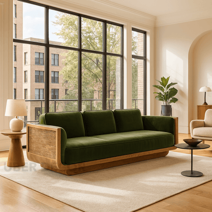 Hanoi Modern 3-Seater Wooden Sofa Luxury Couch with Woven Side Panels for Living Room