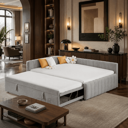 Adana pull-out trundle daybed – trundle fully extended for dual-sleeper configuration