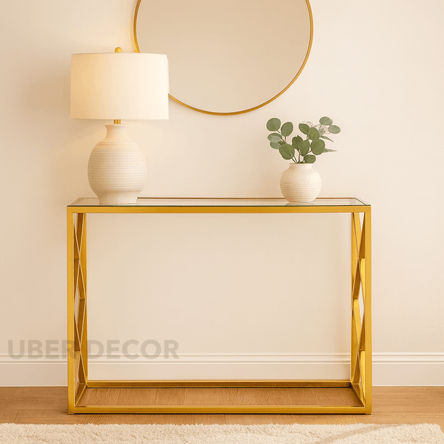 Stria Silk Mid‑Century Modern Display Table – Customizable Glass/Wood Top