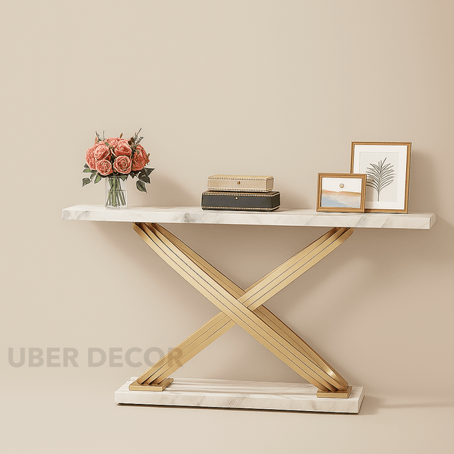 Alvoria Cross Console Table – Glam Modern Faux Marble Console with Gold Metal Base for Entryways & Living Rooms