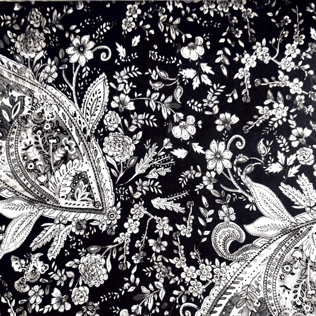 Istanbel Martar - Monochrome Garden Floral Printed Suede Upholstery Fabric- Monochrome Meadow Paisley