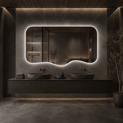 Vale Frameless Wavy LED Wall Mirror with Front or Back Lit for Powder Room and Modern Interiors