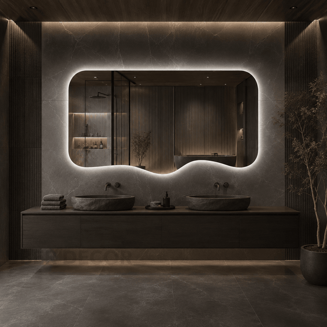 Vale Frameless Wavy LED Wall Mirror with Front or Back Lit for Powder Room and Modern Interiors