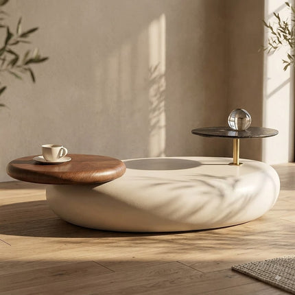 Meuse Wabi-Sabi Modern Japandi Coffee Table – Sculptural Organic Dual Surface Wood & Stone Center Table for Living Room