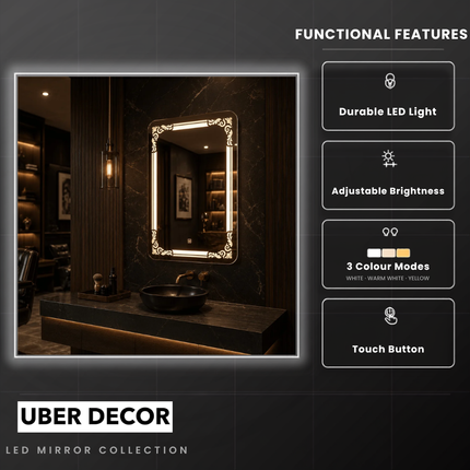 Arabella Ornate LED Mirror – Frameless Wall Hanging Mirror with Front or Back Lit for Vanity & Powder Room