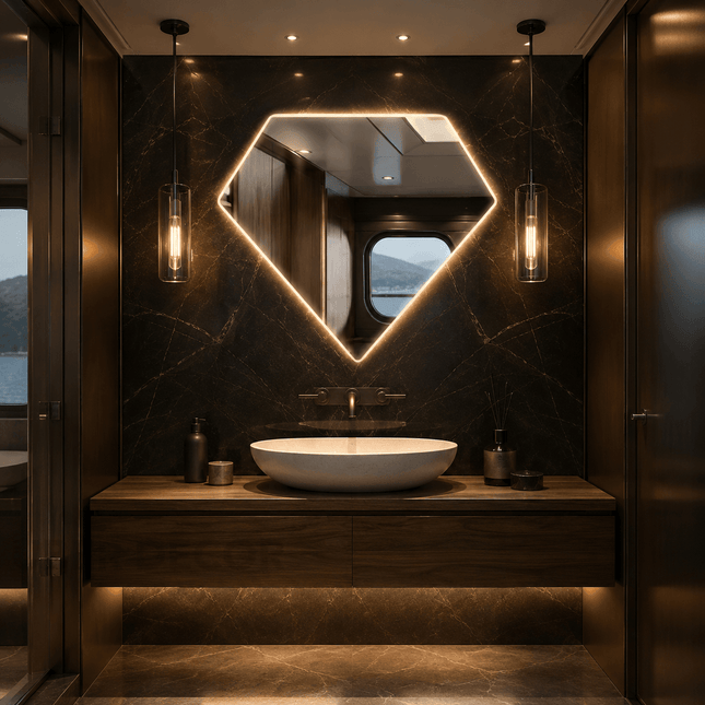 Gemma Diamond-Shaped LED Mirror – Frameless Wall Hanging Mirror with either Front or Back Lit for Vanity & Bathroom