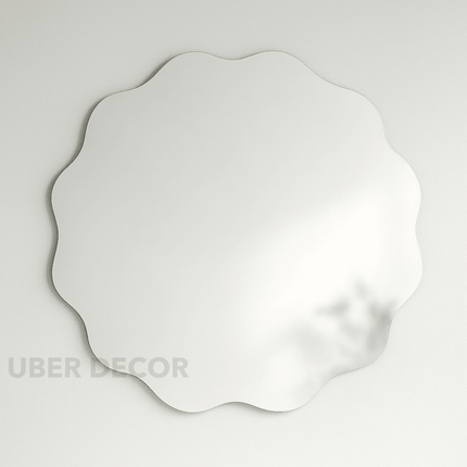 Scallop Serenity Asymmetric Frameless Round Wall Mirror- Aesthetic Ripple Shaped Circular Mirror for Wall Decor
