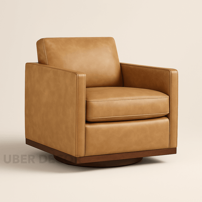 Lirene Accent Chair- Square Shaped Wide Base 360 Revolving Swivel Base Leather Arm Chair for Office or Home