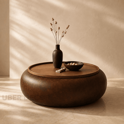 Lufira upholstered round coffee table with solid wood tray top low profile modern center table for lounge space and cozy interiors