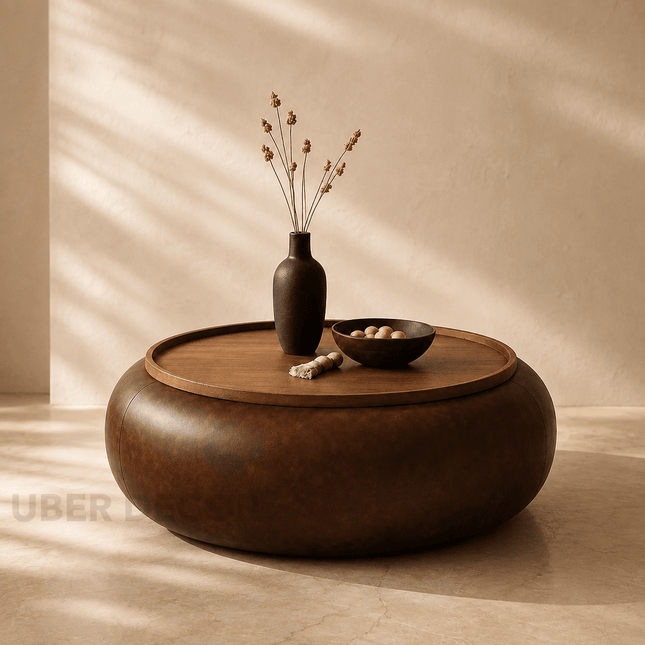 Lufira upholstered round coffee table with solid wood tray top low profile modern center table for lounge space and cozy interiors