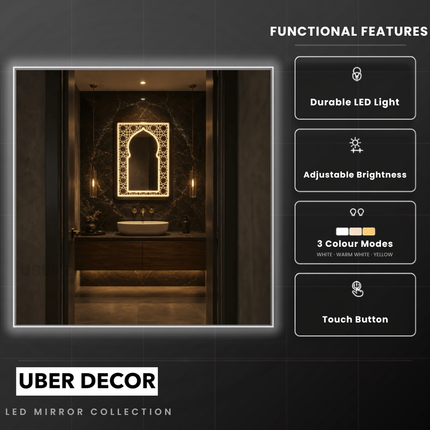 Zaria Jali Arch LED Mirror – Frameless Wall Hanging Mirror with Front or Back Lit for Vanity & Bathroom
