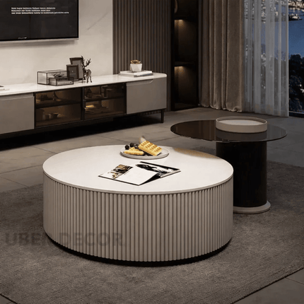 Tiber Oro Italian Luxury Round Coffee Table Tempered Glass Top High Gloss Finish Minimalist Centerpiece for Lounge and Living Suites