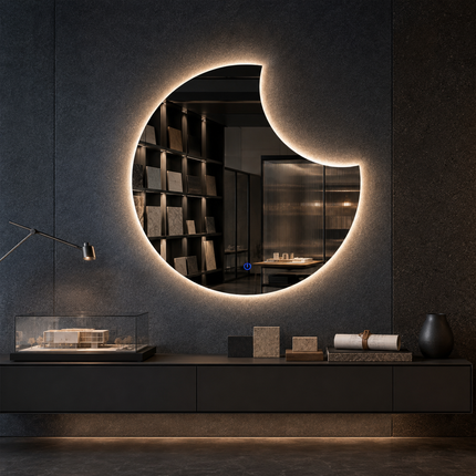 Crescent Moon LED mirror- 3-colour Backlit or front-lit Touch Button LED Frameless Bathroom Vanity Mirror