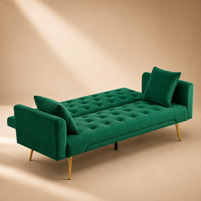 Lisbon 73" Futon Sofa- Modern Tufted Convertible Futon Couch with 3 Adjustable Backrest & and Gold Metal Legs