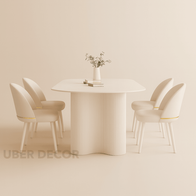 Ivory Crest Modern Minimalist Dining Set – Custom Stone or Wood Top with Fluted Pedestal Base, 4-Seater for Dining Room or Kitchen Space