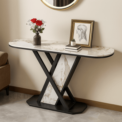 Vesper X Display Table – Custom Marble Top with Sculptural X-Frame Base for Entryways & Hallways
