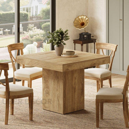 Liron Axis Solid Wood Dining Table in Natural Oak Finish with Central Pedestal Base and Square Top for Modern and Compact Interiors - Uber Decor
