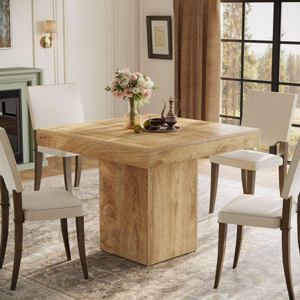 Liron Axis Solid Wood Dining Table in Natural Oak Finish with Central Pedestal Base and Square Top for Modern and Compact Interiors - Uber Decor