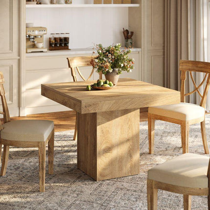 Liron Axis Solid Wood Dining Table in Natural Oak Finish with Central Pedestal Base and Square Top for Modern and Compact Interiors - Uber Decor
