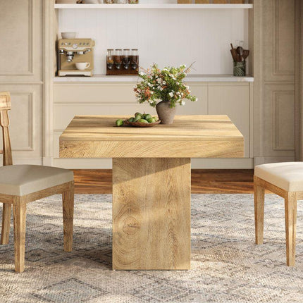 Liron Axis Solid Wood Dining Table in Natural Oak Finish with Central Pedestal Base and Square Top for Modern and Compact Interiors - Uber Decor