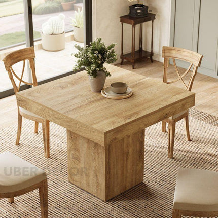 Liron Axis Solid Wood Dining Table in Natural Oak Finish with Central Pedestal Base and Square Top for Modern and Compact Interiors - Uber Decor