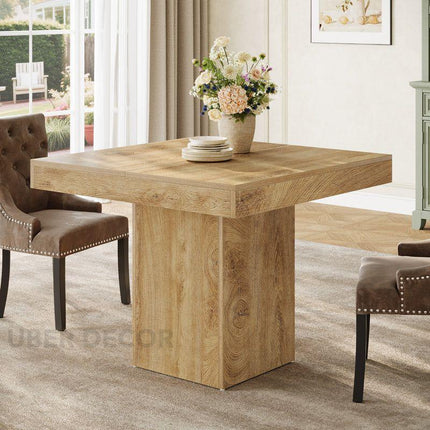 Liron Axis Solid Wood Dining Table in Natural Oak Finish with Central Pedestal Base and Square Top for Modern and Compact Interiors - Uber Decor